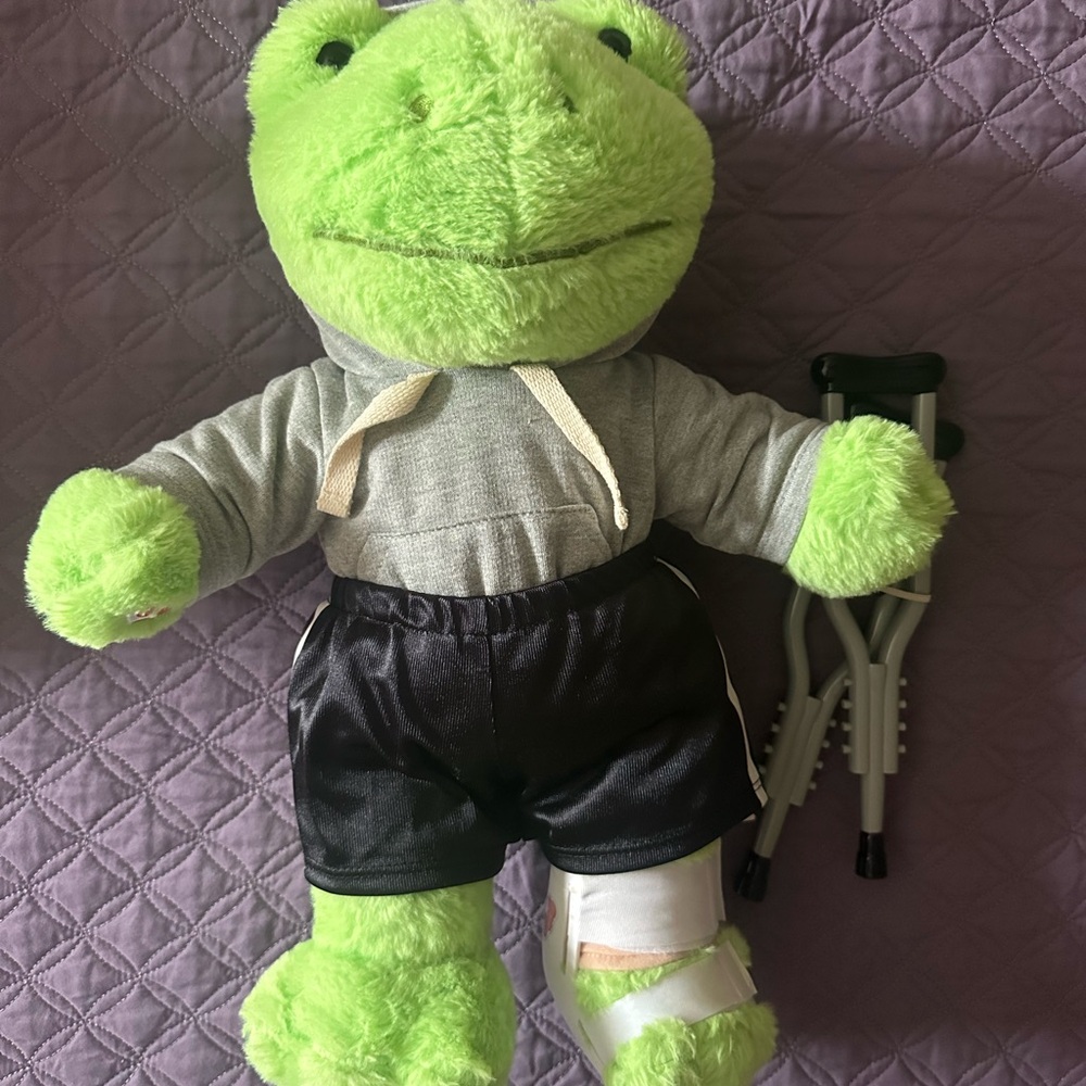 Build-A-Bear Green Plush Reptile with Gray Hoodie and Black Shorts